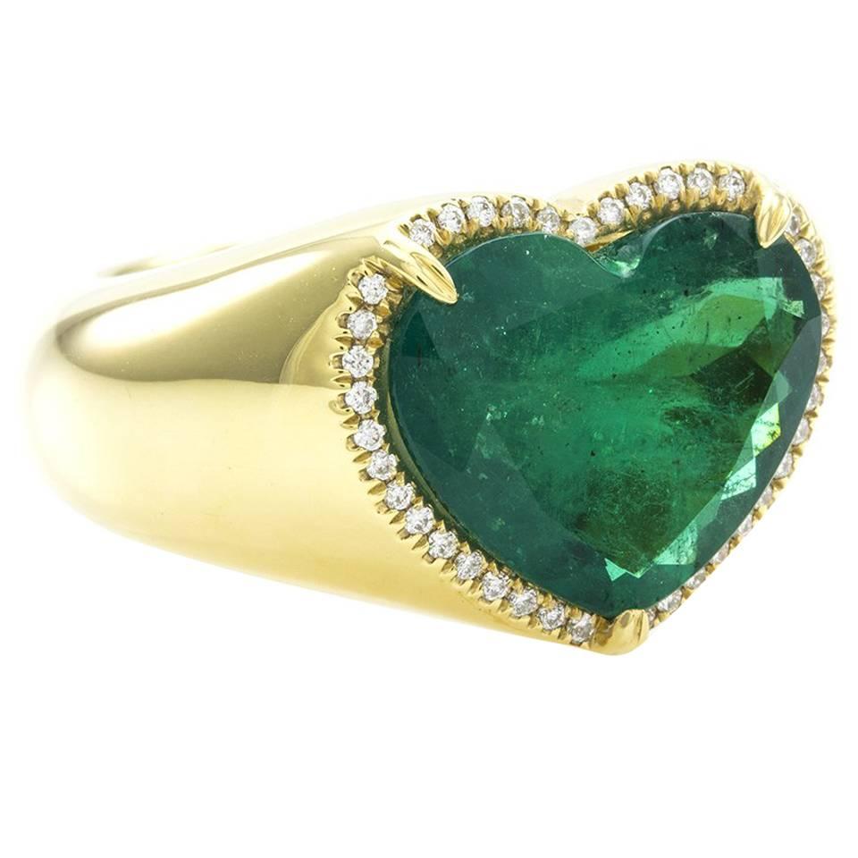 Heart Shaped Emerald with Pavé Diamond Halo  For Sale