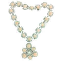 Angel Skin Coral Diamond Gold Necklace with Detachable Brooch