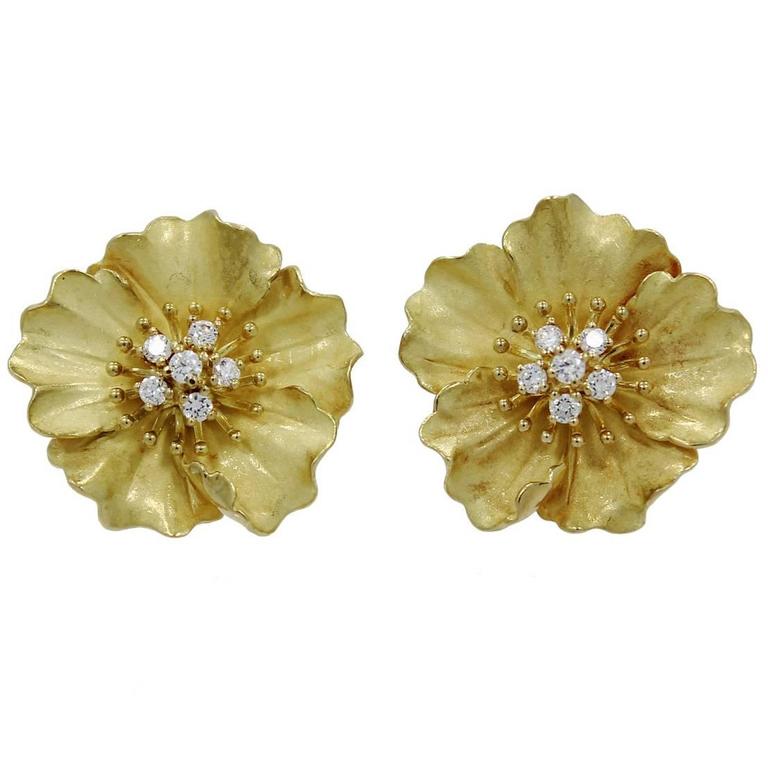 Tiffany And Co Diamond Gold Alpine Rose Earrings For At 1stdibs Tiffany Co Diamond Gold Alpine Rose Earrings For