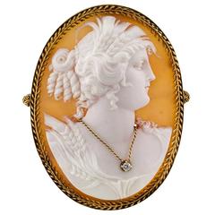 Antique Victorian Shell and Diamond Cameo Brooch Pendant