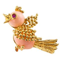 1960s Coral Ruby Gold Sparrow Brooch