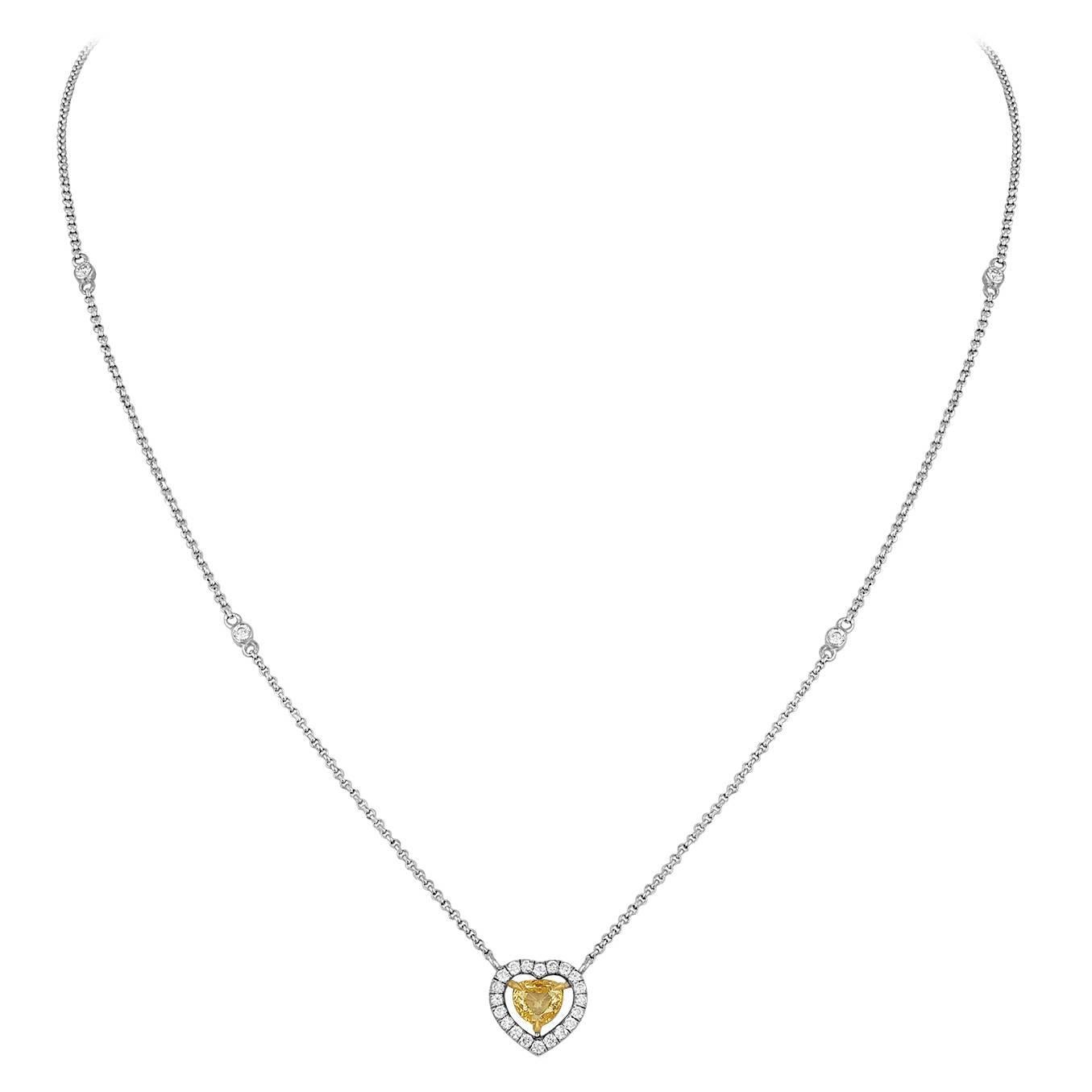 0.48 Carats Fancy Yellow Heart Shape Diamond Halo Necklace