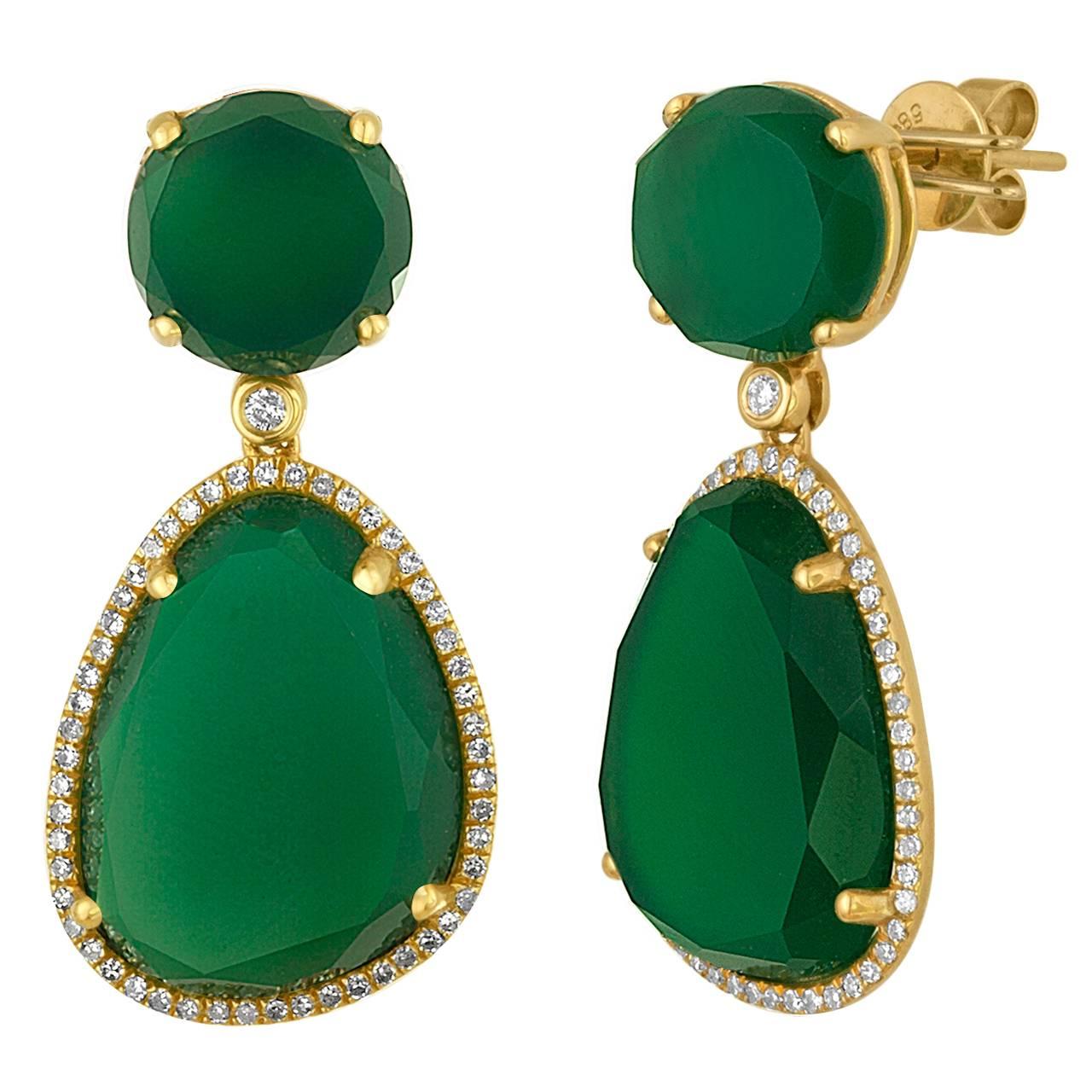 Green Agate Diamond Gold Earrings