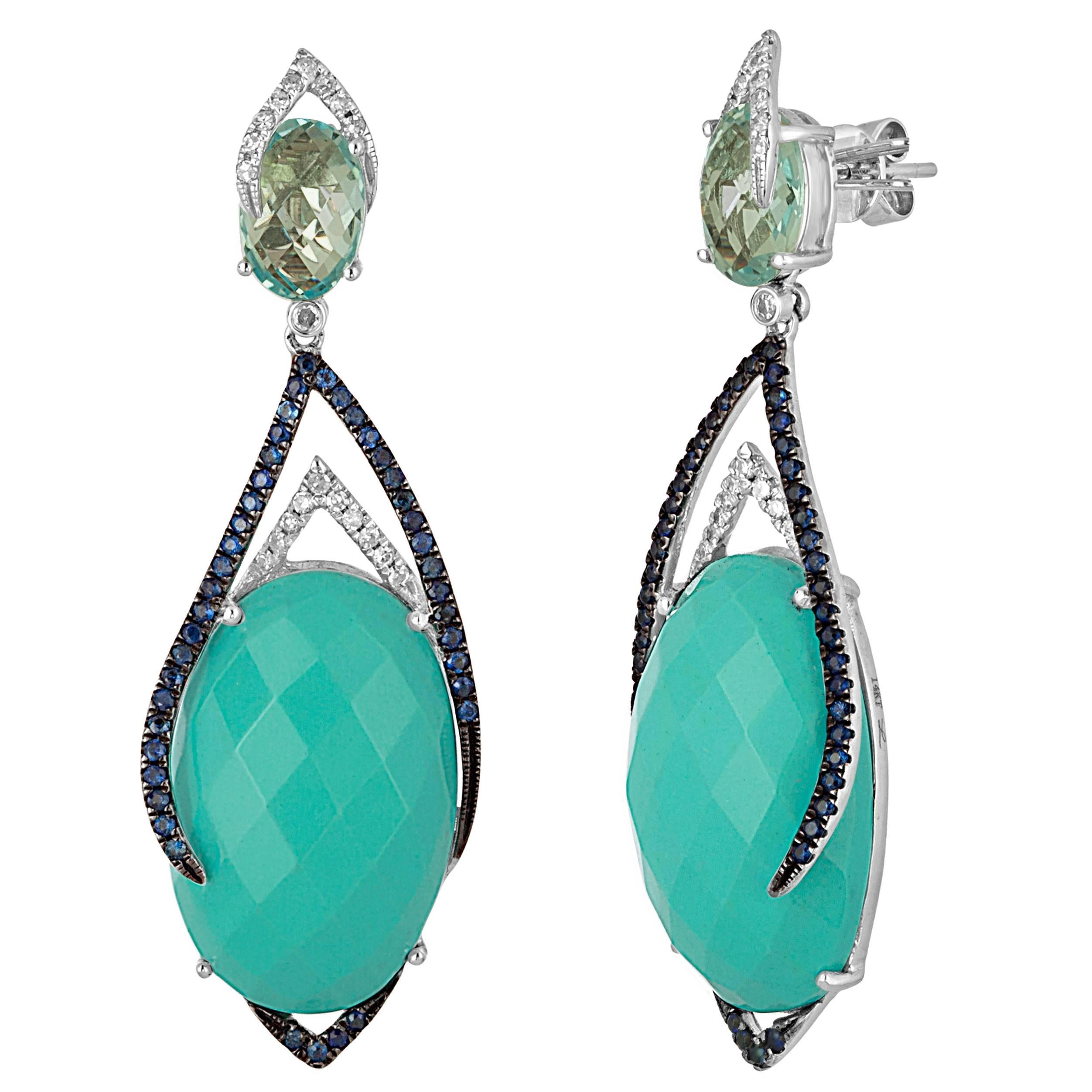 Turquoise Topaz Sapphire Diamond Gold Drop Earrings For Sale