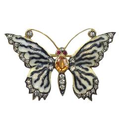 Vintage Gorgeous Enamel Mandarin Garnet Ruby Diamond Gold Butterfly Brooch Pin