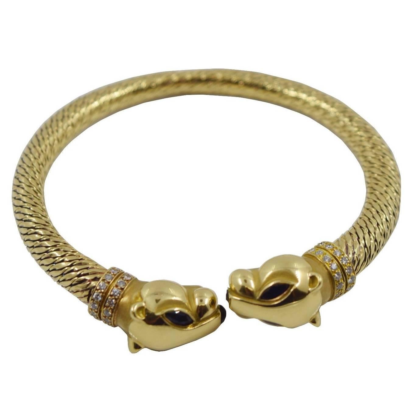 1990s Cartier Paris Sapphire Diamond Gold "Panthere" Panther Bangle Bracelet  For Sale