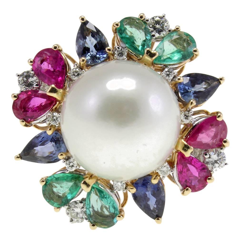Australian Pearl, Rubies Emeralds and Sapphires Drops, White and Rose Gold Ring