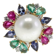 Vintage Australian Pearl, Rubies Emeralds and Sapphires Drops, White and Rose Gold Ring