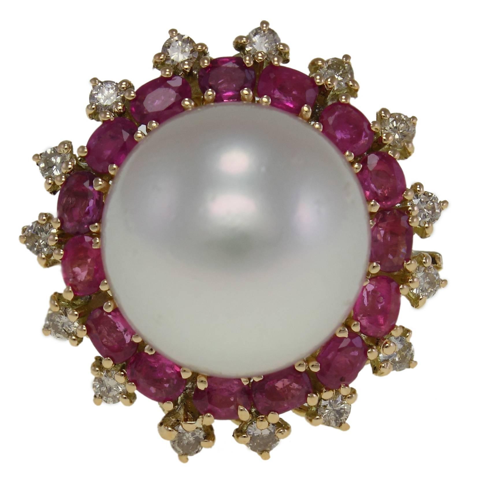 Australian Large Pearl Ruby Diamond Gold Ring
