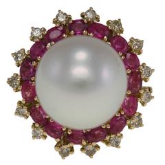 Retro Australian Large Pearl Ruby Diamond Gold Ring