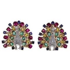 Multicolor Stones Diamond Gold Peacock Earrings