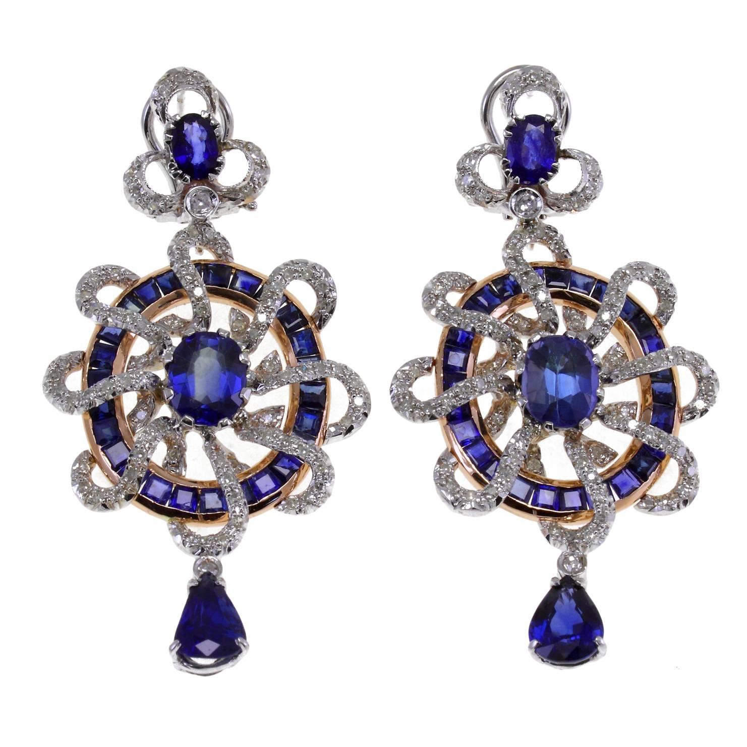 Sapphire Diamond Gold Wheel Earrings - Signed Luise