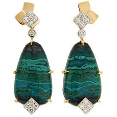 Special Cut Chrysocolla Tenarite Diamond Gold Earrings 9