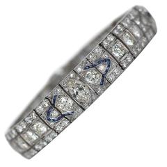 1940s Ornate Art Deco 11.50 Carats Diamonds Sapphire Platinum Bracelet 4