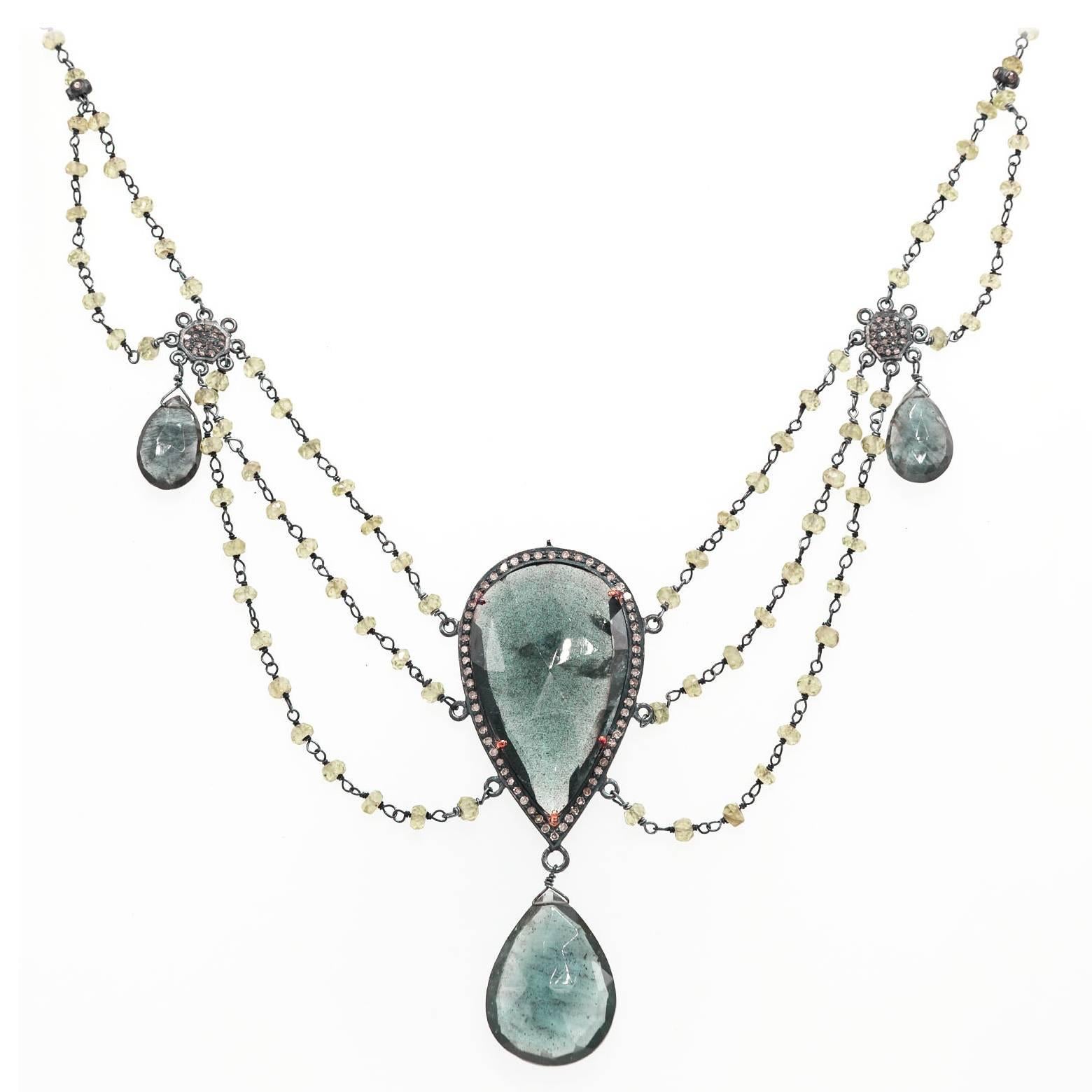 Moss Aquamarine Peridot Diamond Sterling Silver Multi-Strand Necklace