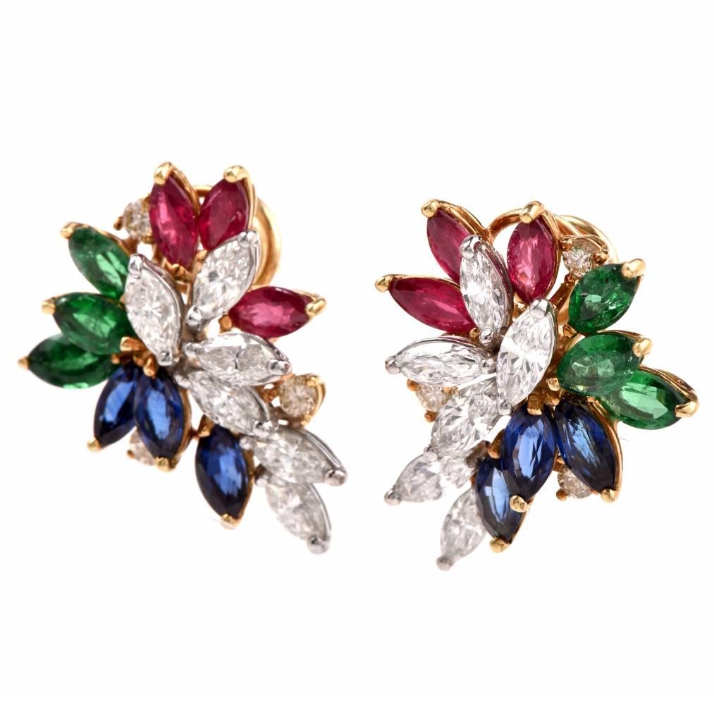 Multi-Gem Ruby Emerald Sapphire Diamond Gold Cluster Earrings