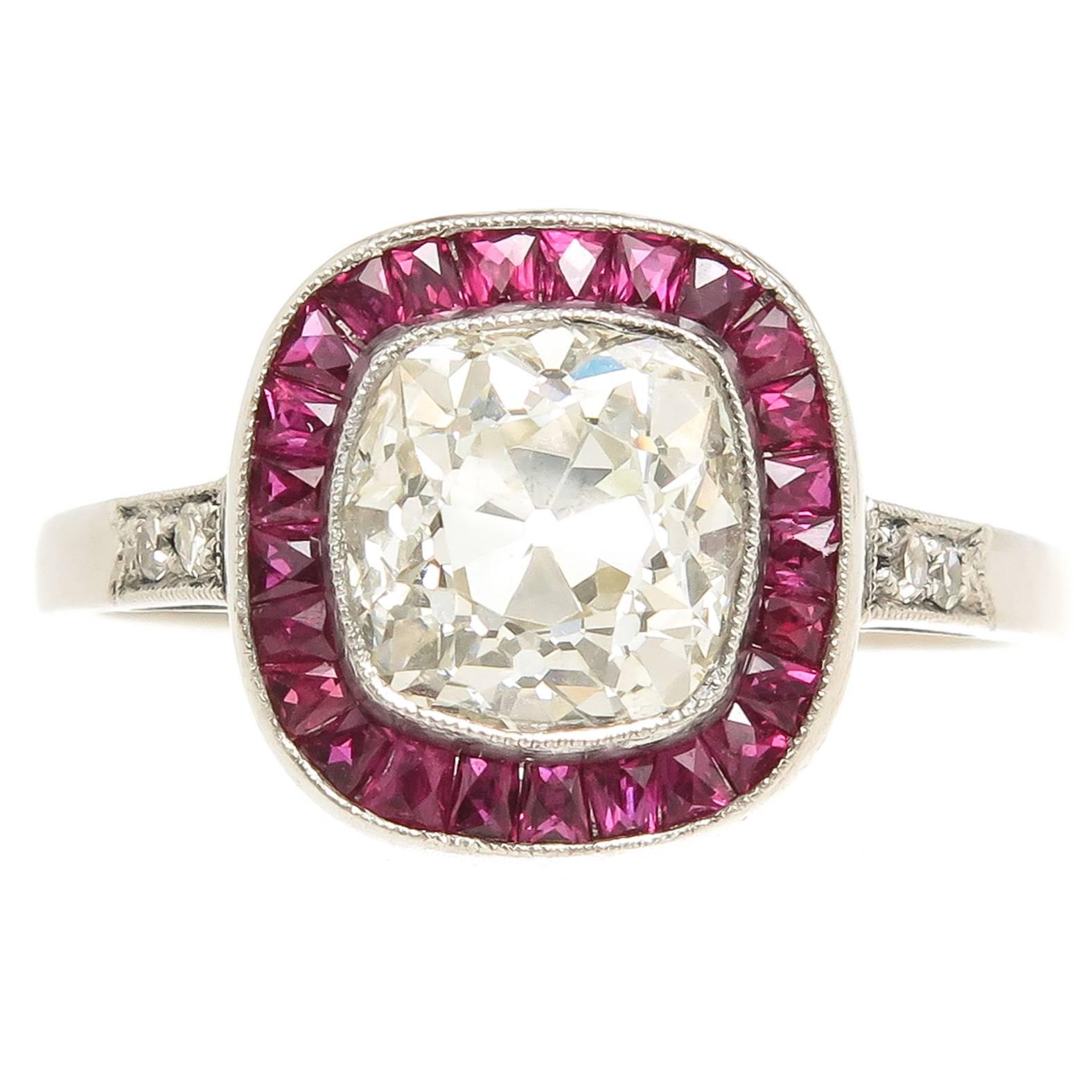 French Cut Ruby Cushion Diamond Platinum Engagement Ring
