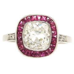 French Cut Ruby Cushion Diamond Platinum Engagement Ring 1