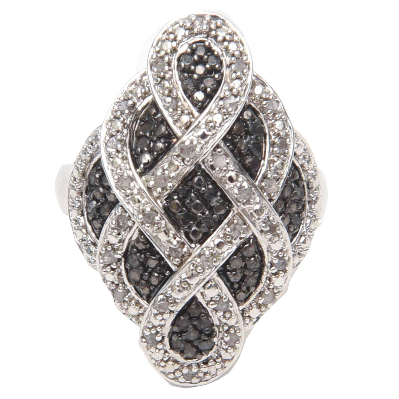  Criss Cross Combination of White and Black Diamonds & Sterling Silver Ring