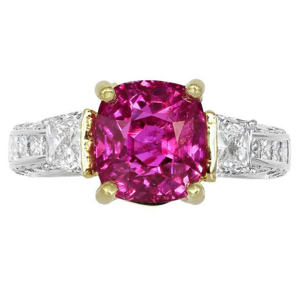 5.18 Carat Cushion Cut Ruby Gold Platinum Ring For Sale