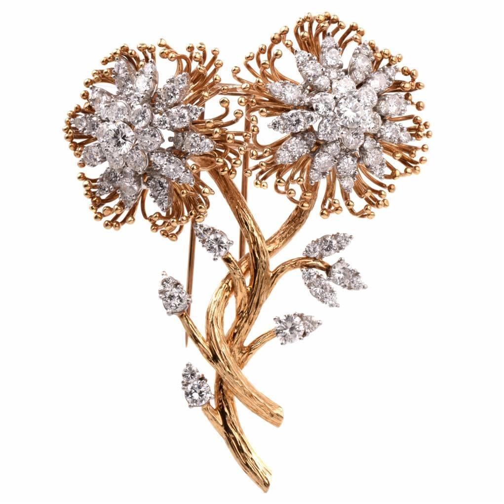Retro Diamond Gold Flower Brooch Pin