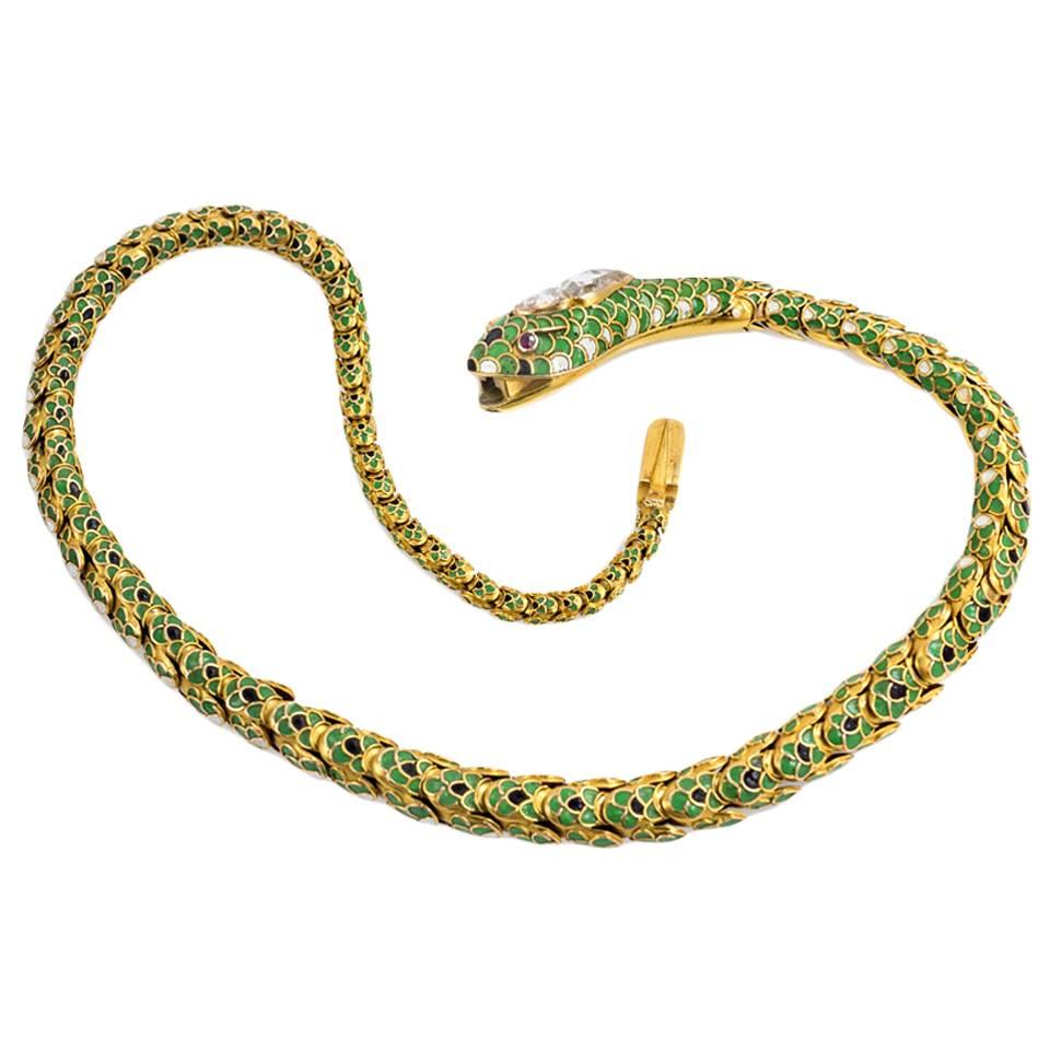 French Antique Enamel Gold Snake Necklace with Gem-Set Head