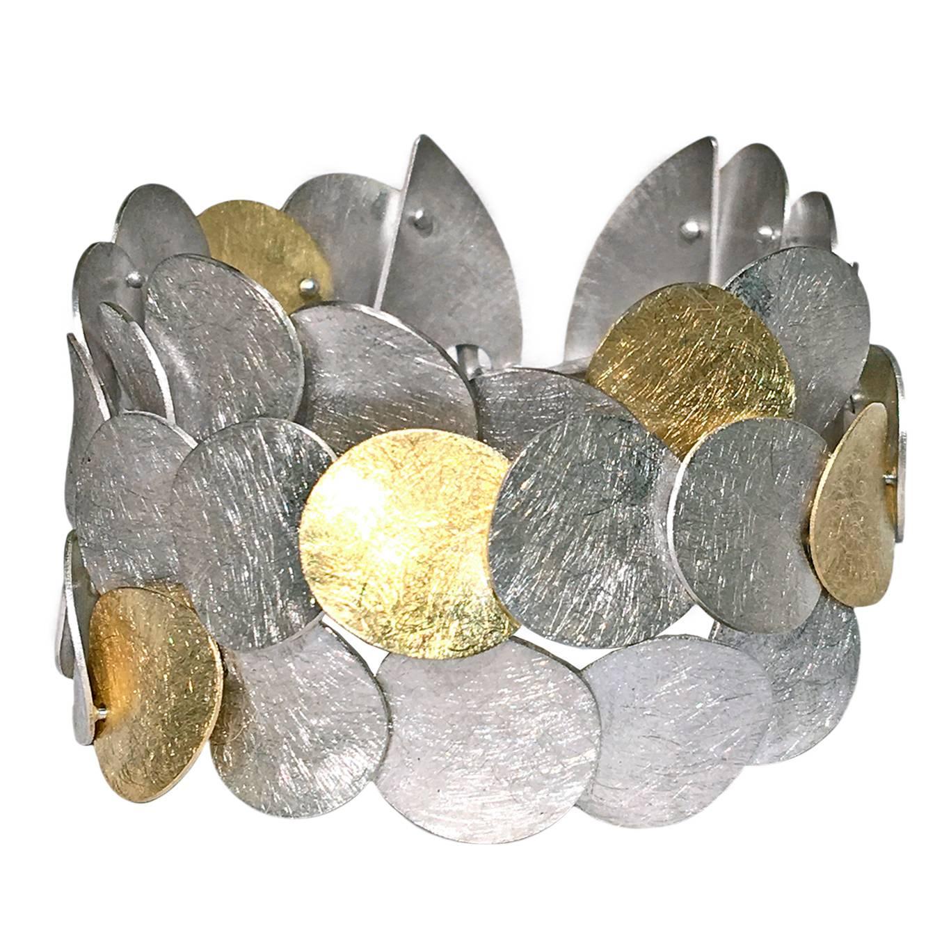 Majoral  Silver Gold Etch Finish Triple Row Handmade Coin Link Flexible Bracelet