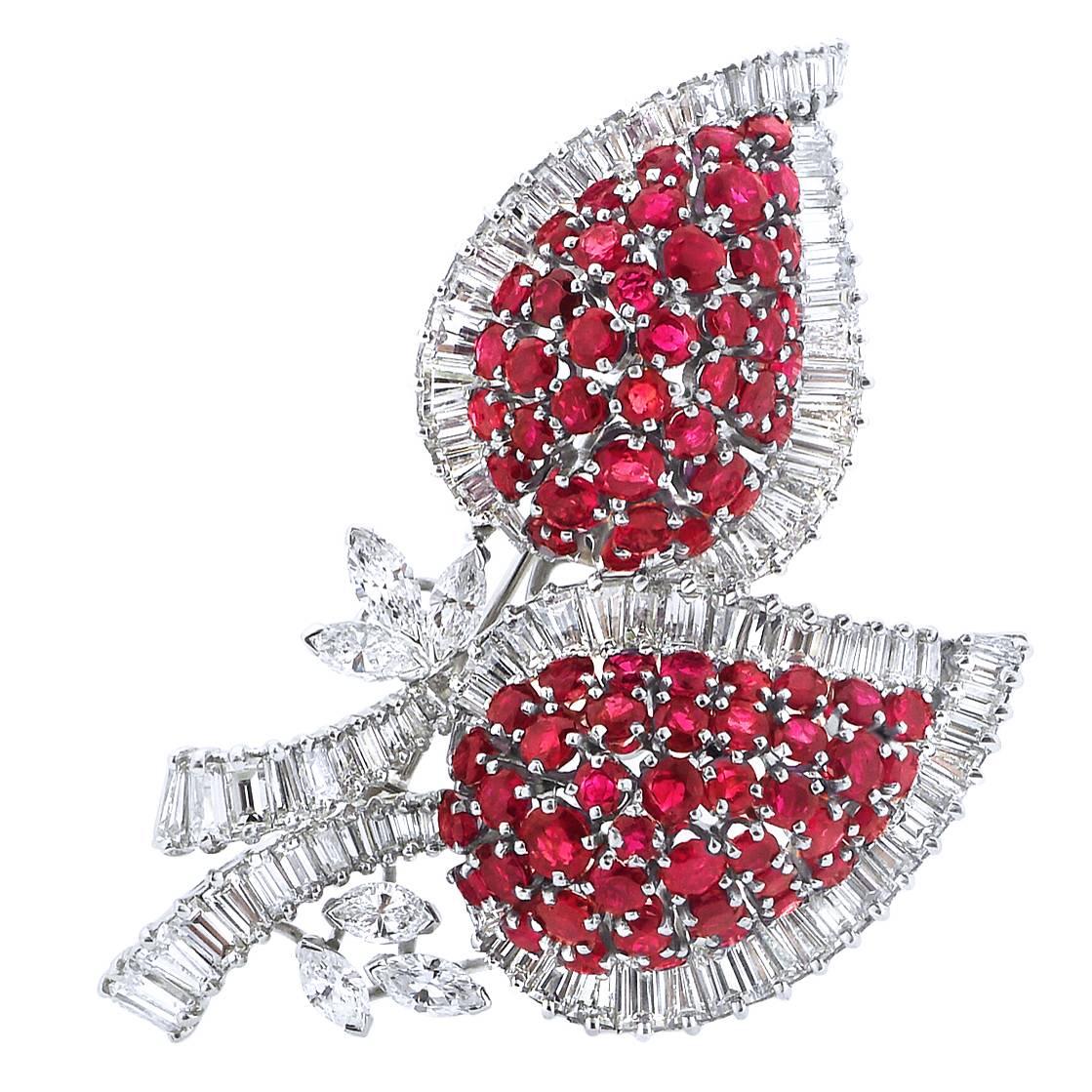 1940s Ruby and Diamond Platinum Brooch For Sale