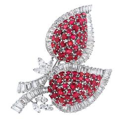 Vintage 1940s Ruby and Diamond Platinum Brooch