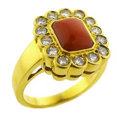 Oxblood Coral Ring Diamond Gold Ring