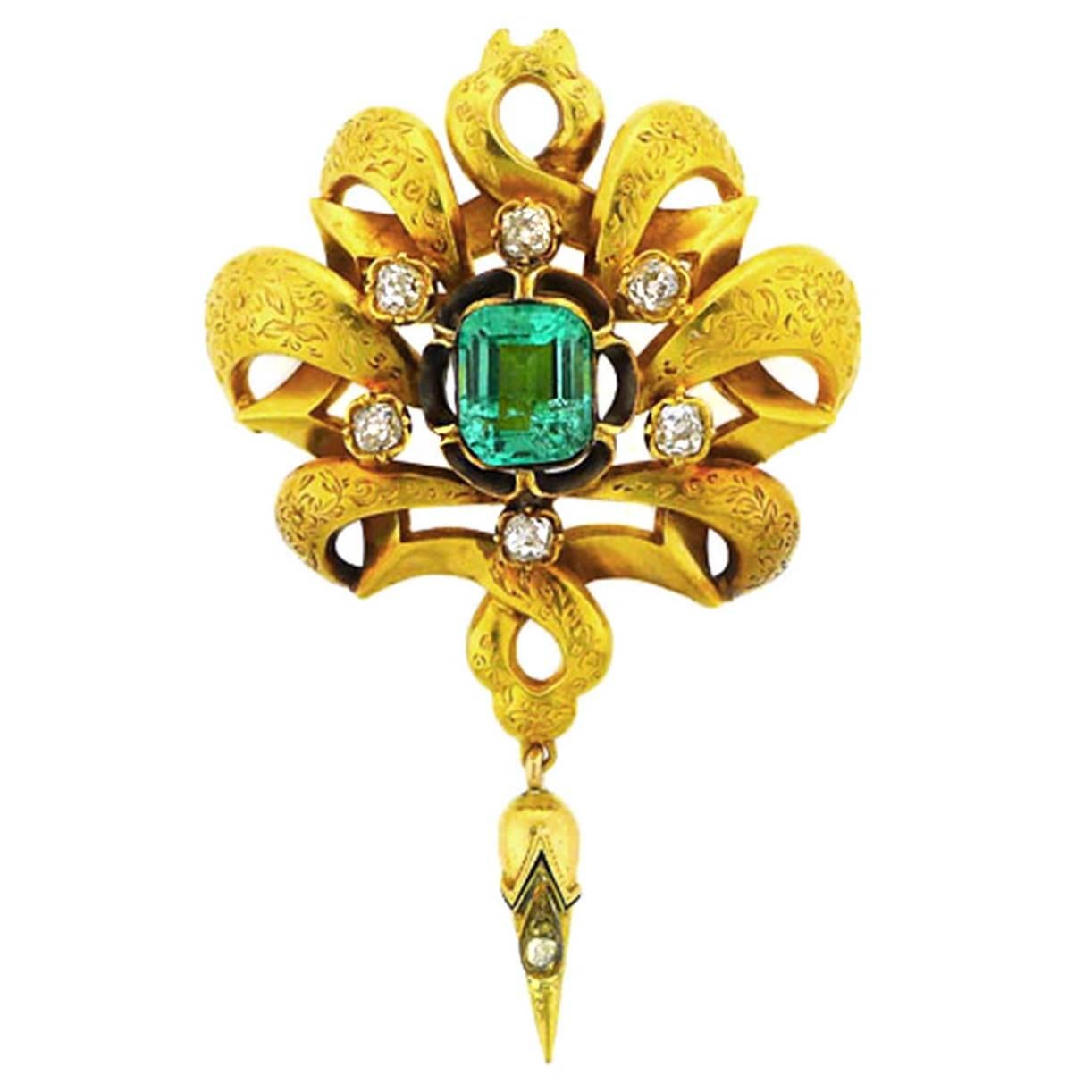 Mid-Late 19th Century Hand-Engraved Emerald Diamond Gold Brooch For Sale