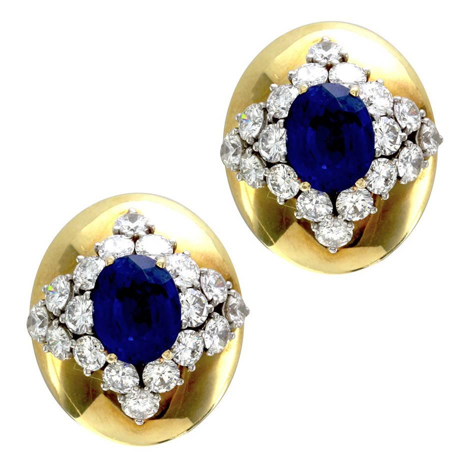 Genuine Sapphire and Diamond Button Earrings in 18K Yellow Gold For Sale