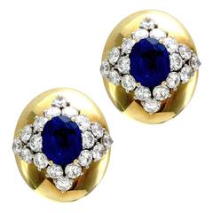 Genuine Sapphire and Diamond Button Earrings in 18K Yellow Gold