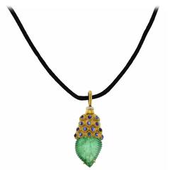 Buccellati Carved Emerald Blue Sapphire Gold Pendant Cord Necklace