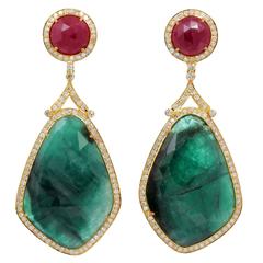 Red and Green Quartz Diamond Gold Earrings