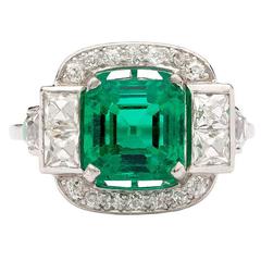 Art Deco Colombian Emerald Diamond Platinum Ring