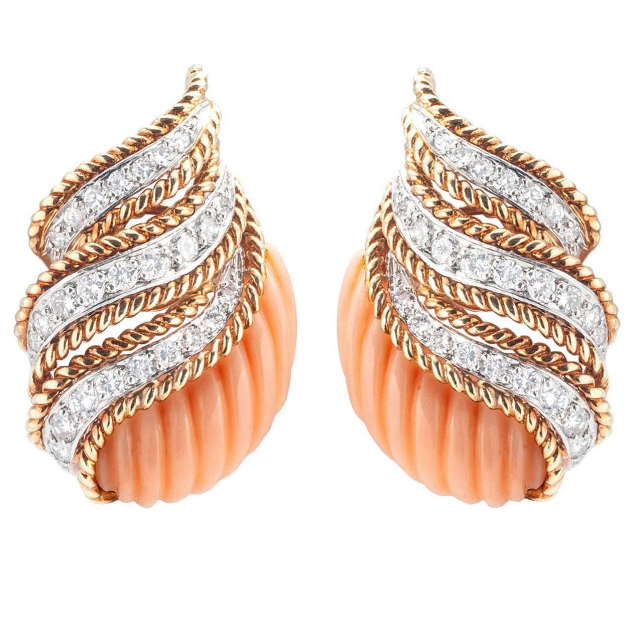 Van Cleef & Arpels Coral  Diamond Gold Earclips