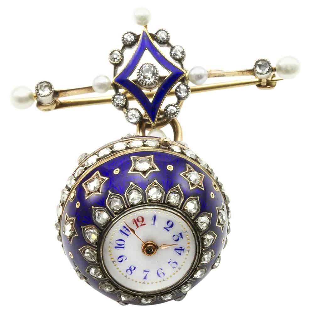 Antique Blue Enamel Diamond Orb Ball Lapel Watch For Sale