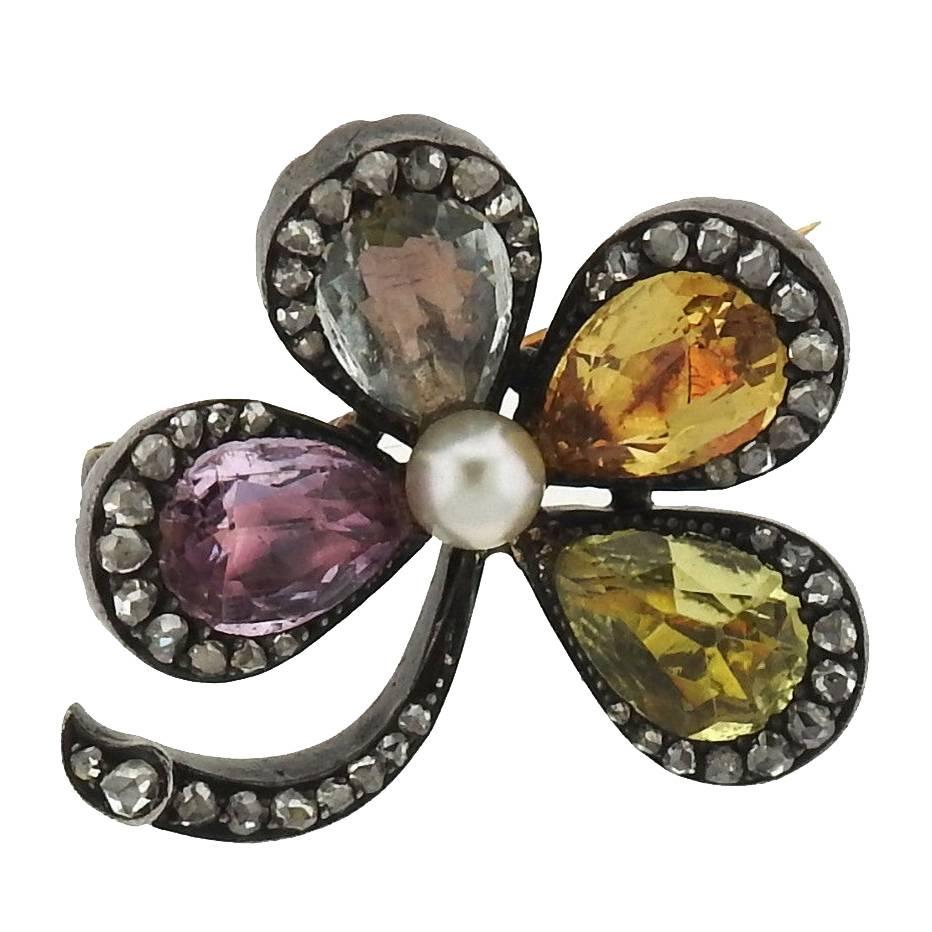 Antique Pearl Multi Color Sapphire Diamond Silver Gold Flower Brooch Pin