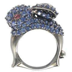 Blue Sapphire Ruby Silver Rabbit Ring