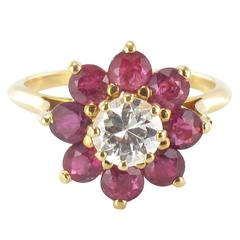Vintage 1970s French Ruby Diamond Gold Cluster Ring