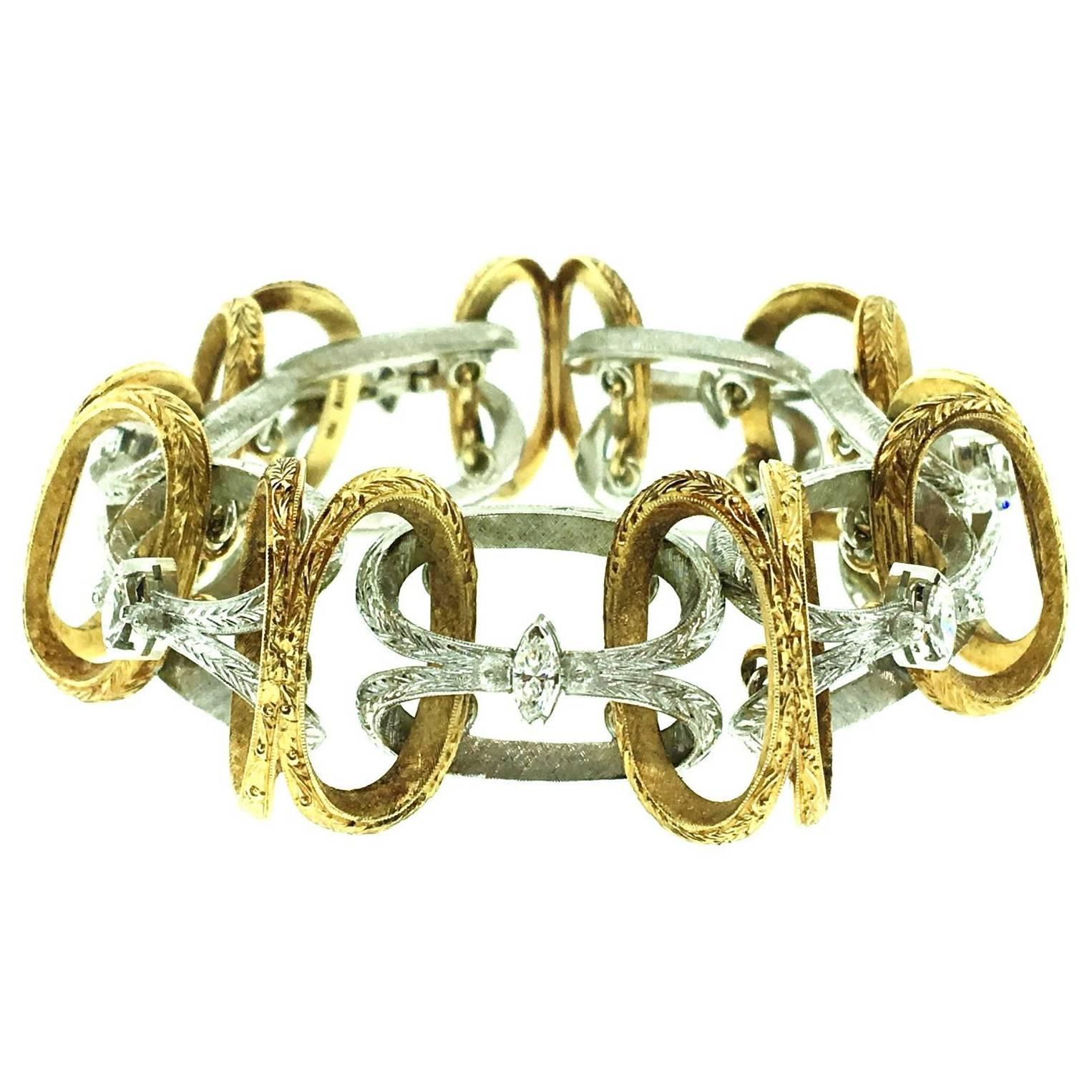 Loris Abate Two Color Textured Gold Link Bracelet with Marquise Diamonds