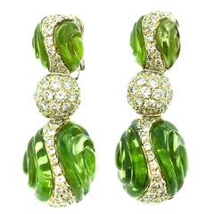Carved Peridot Diamond Gold Drop Earrings 8