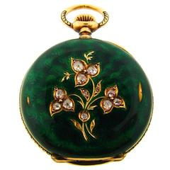 1900s Tiffany & Co. Enamel Diamond Gold Pocket Watch Pendant