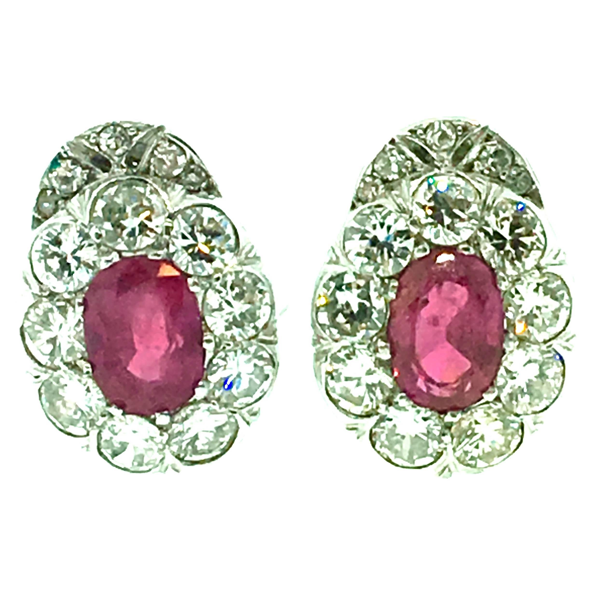 Oval Ruby Diamond Platinum Earrings  For Sale