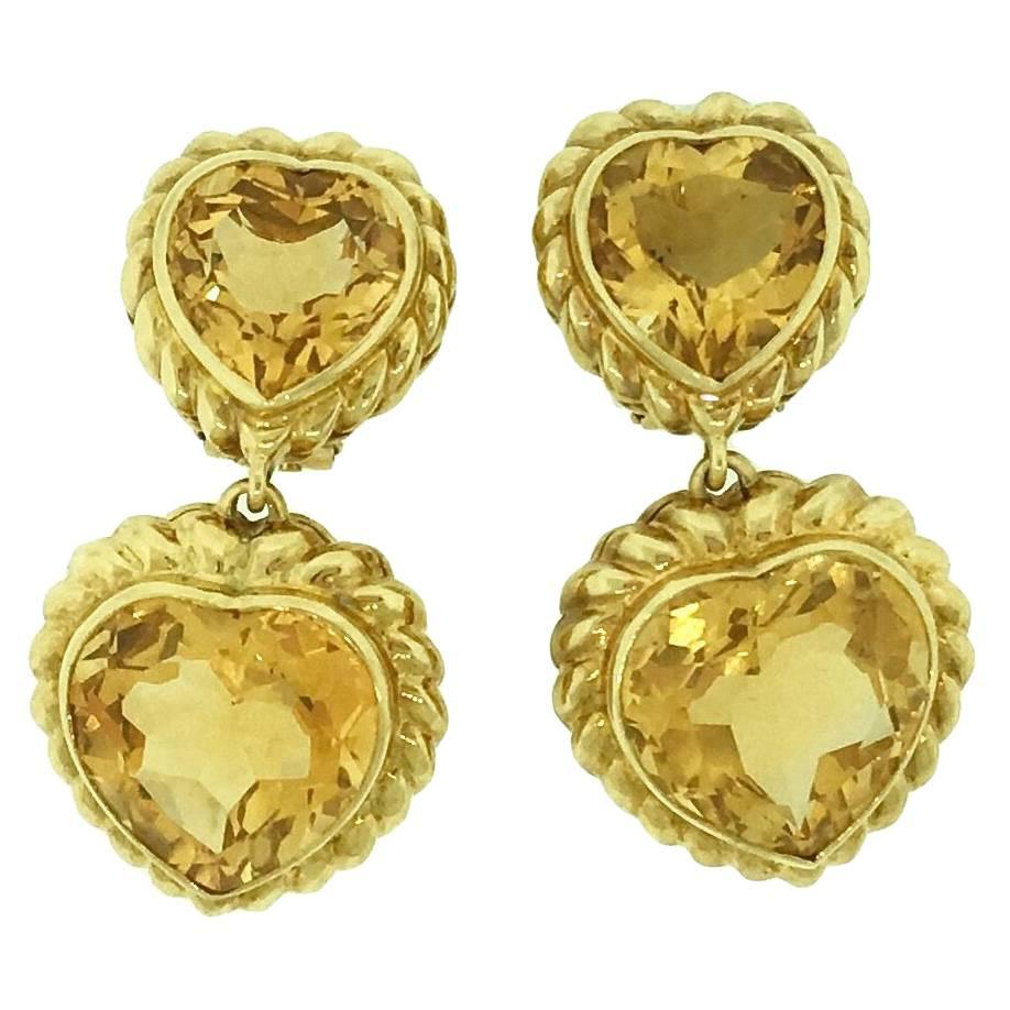 Fred Double Heart Citrine Gold Dangle Earrings  For Sale