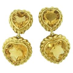 Fred Double Heart Citrine Gold Dangle Earrings 