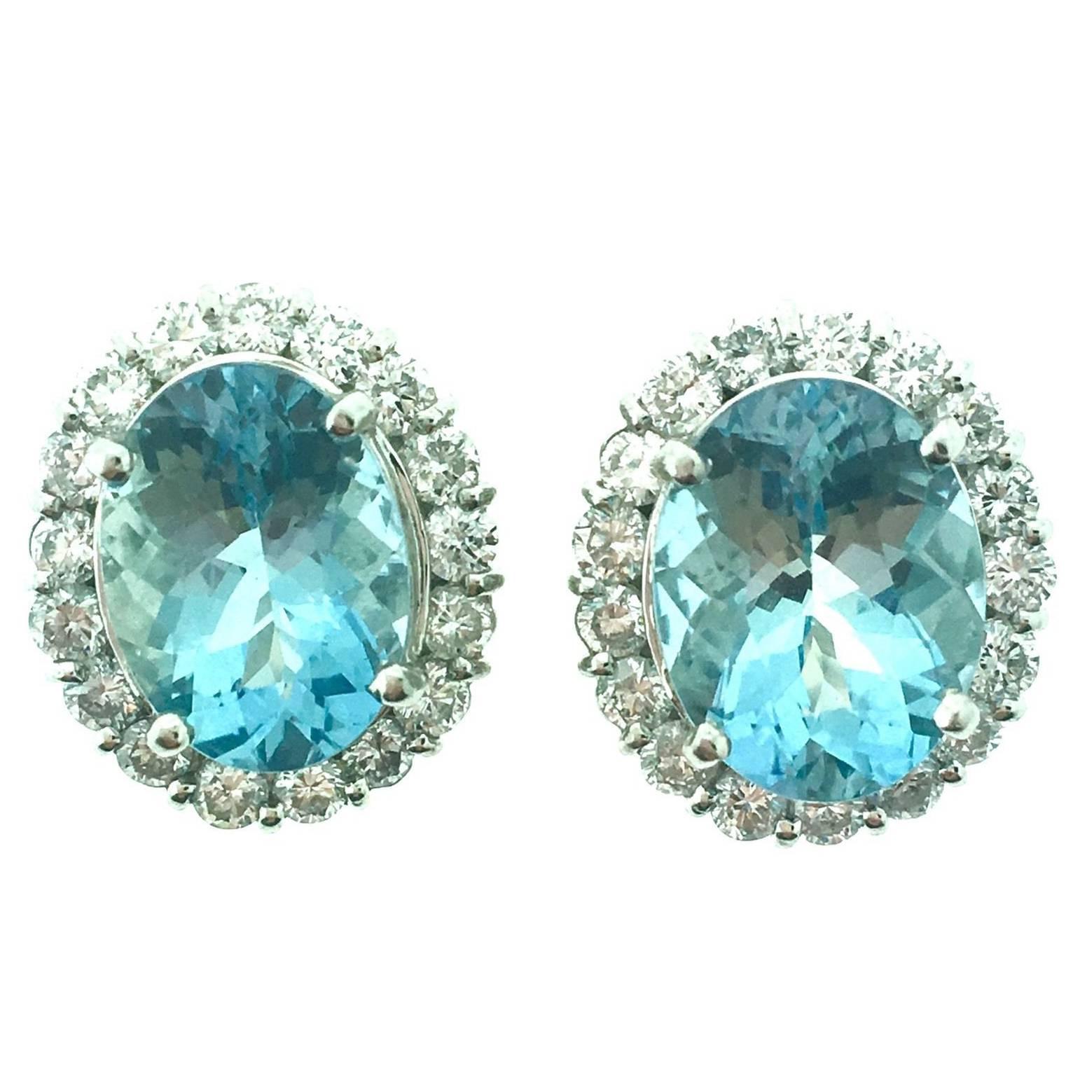 Aquamarine Diamond Platinum Halo Earrings For Sale