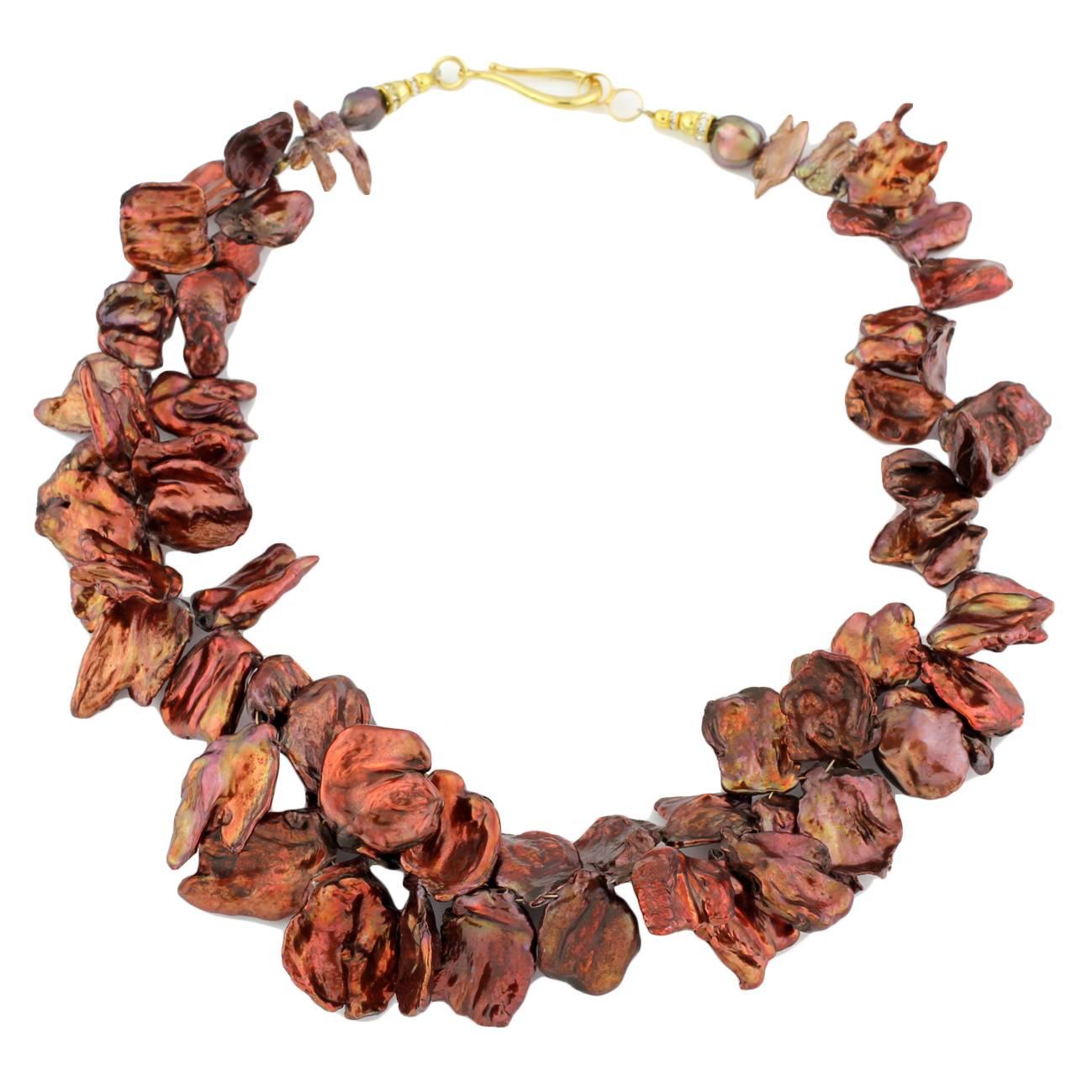 AJD Chic Large Coppery Red / Goldy Radiant Keshi Pearl Cocktail Necklace For Sale