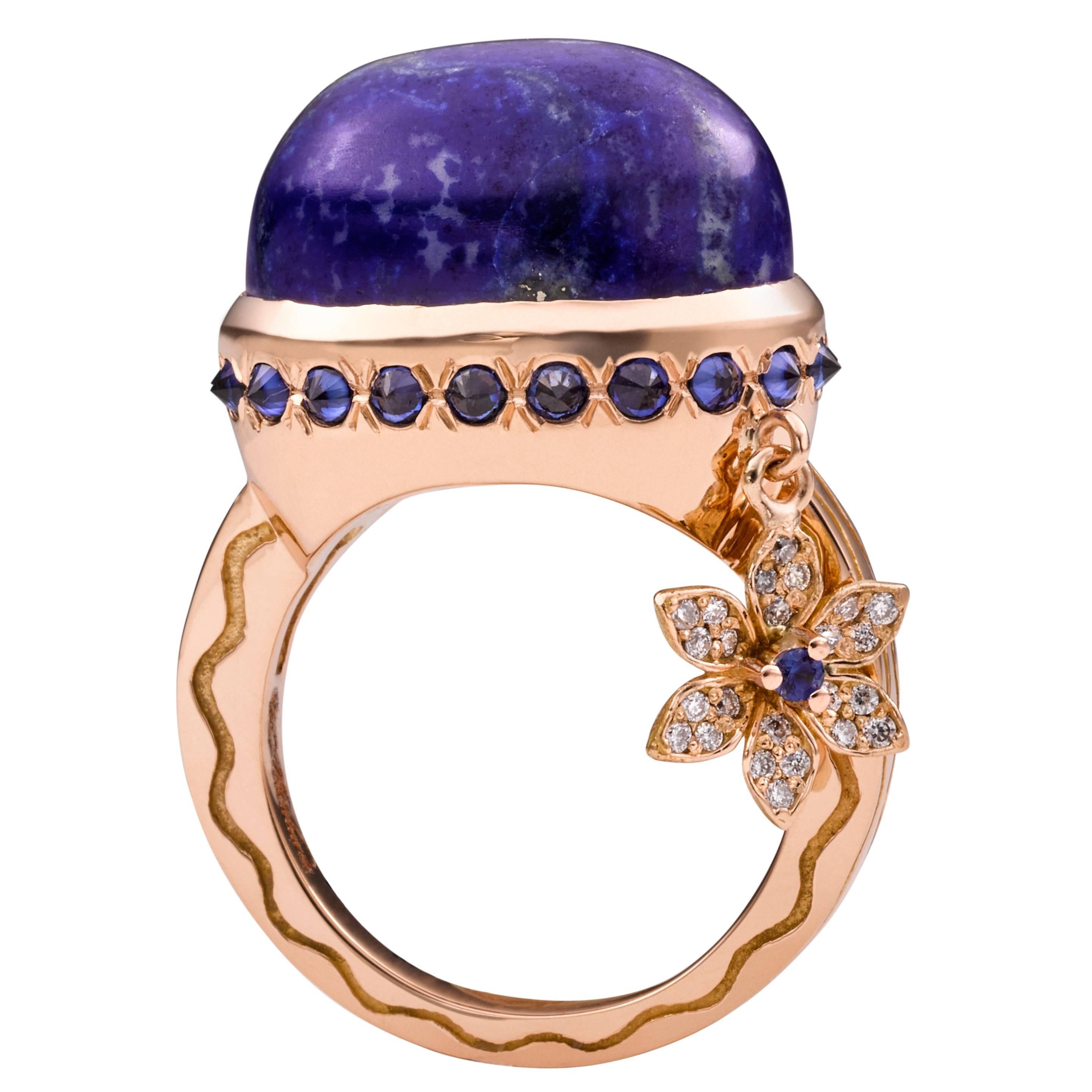 Misahara Lapis Lazuli Blue Sapphire Diamond Rose Gold Talas Deux Ring For Sale